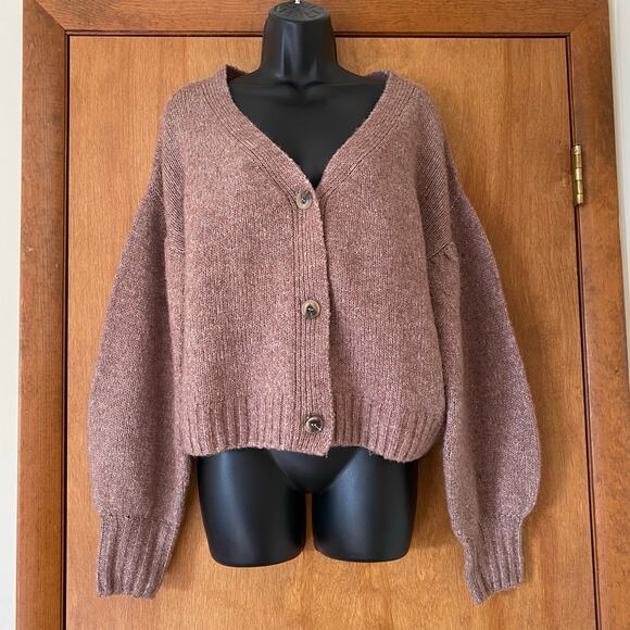 E&M Sweater Womens Size M Brown Cropped Wool Knit Cardigan Button Balloon Sleeve - Picture 2 of 12